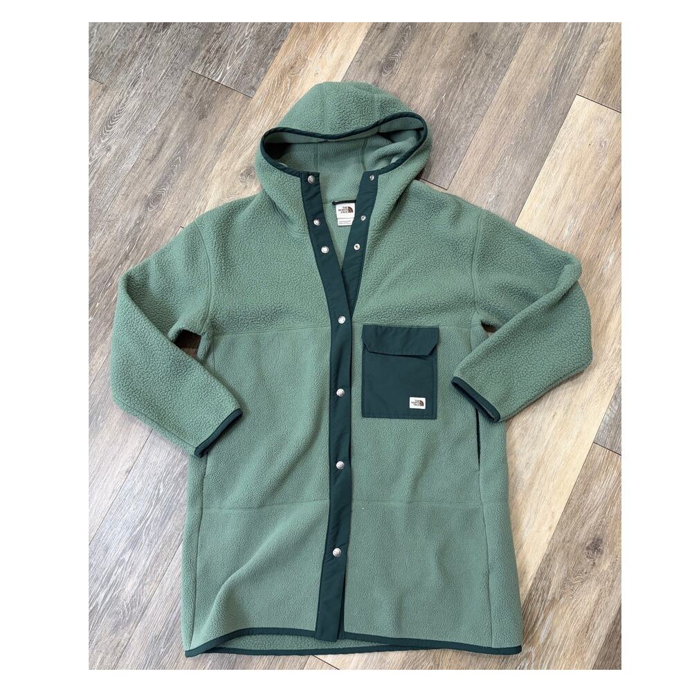 The North Face Womens Hooded Fleece Jacket Large Green Snap Front Sherpa